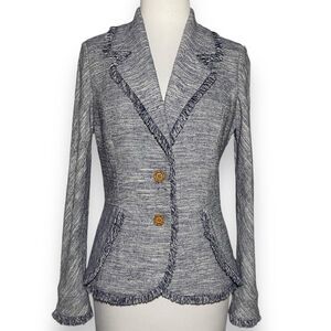 Boston Proper Women’s Blue White Tweed Blazer Jacket Size 4 Fringed Edges Lined